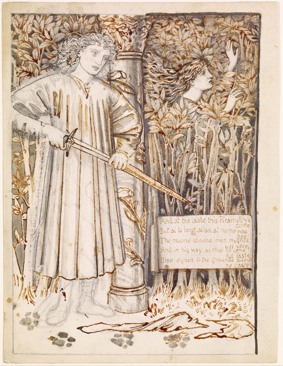 Pyramus and Thisbe - Pyramus Draws His Sword to Slay Himself av Edward Burne Jones