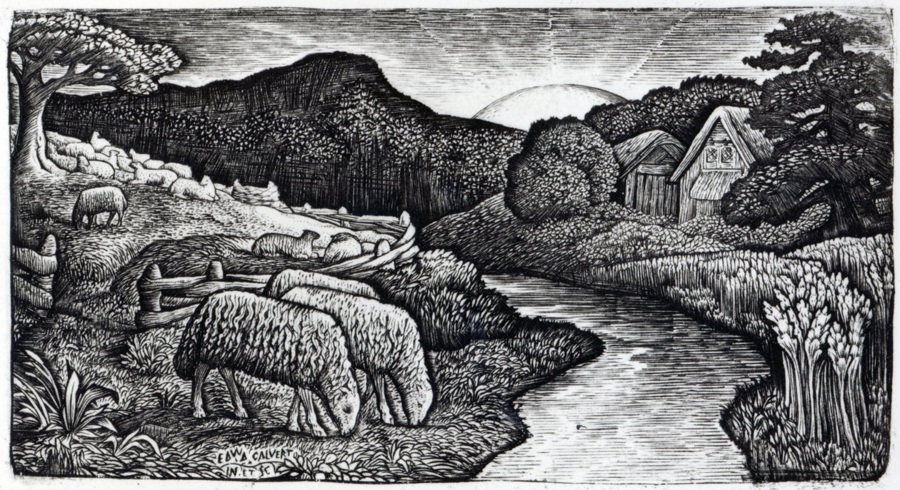 Fåren på hans betesmark, ca 1828, från en upplaga på 350 tryck som publicerades för albumet "A Memoir" av Calverts son , 1893 av Edward Calvert