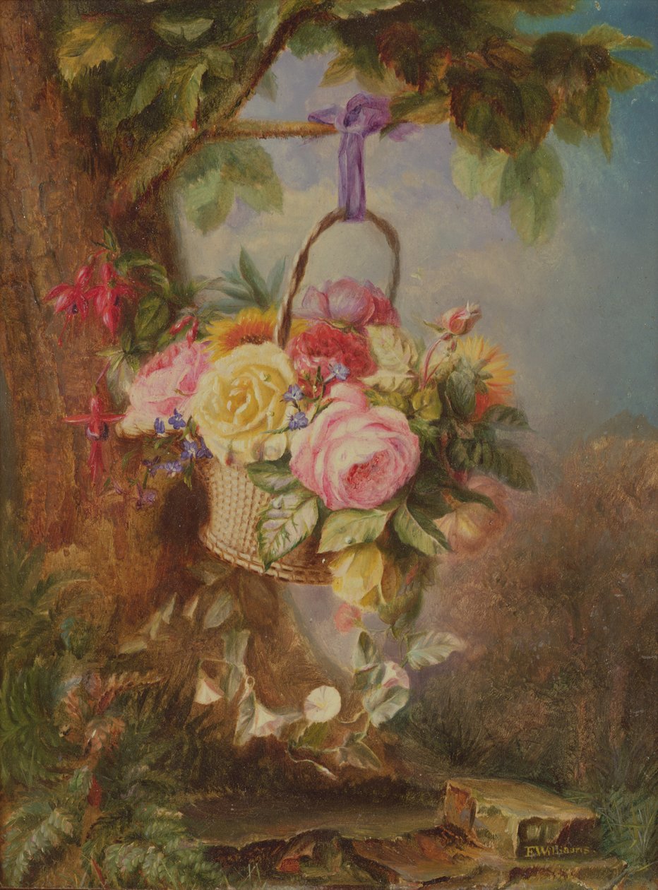 Korg med rosor med fuschia, 1800-tal av Edward Williams
