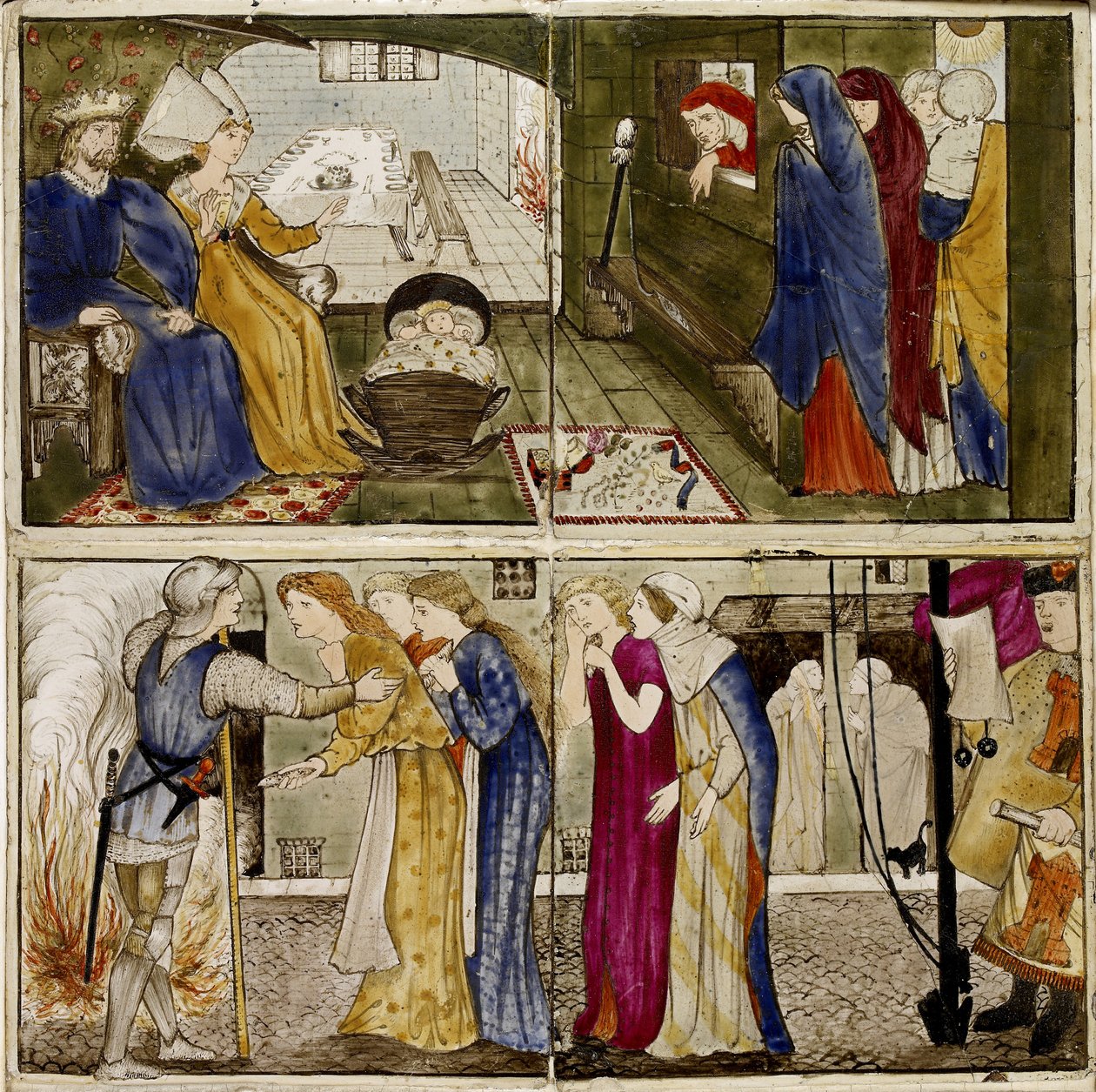 En uppsättning av sexton brickor arrangerade i par för att bilda åtta illustrationer av "Briar Rose", 1862 - 1865 (keramik) av Edward Burne Jones