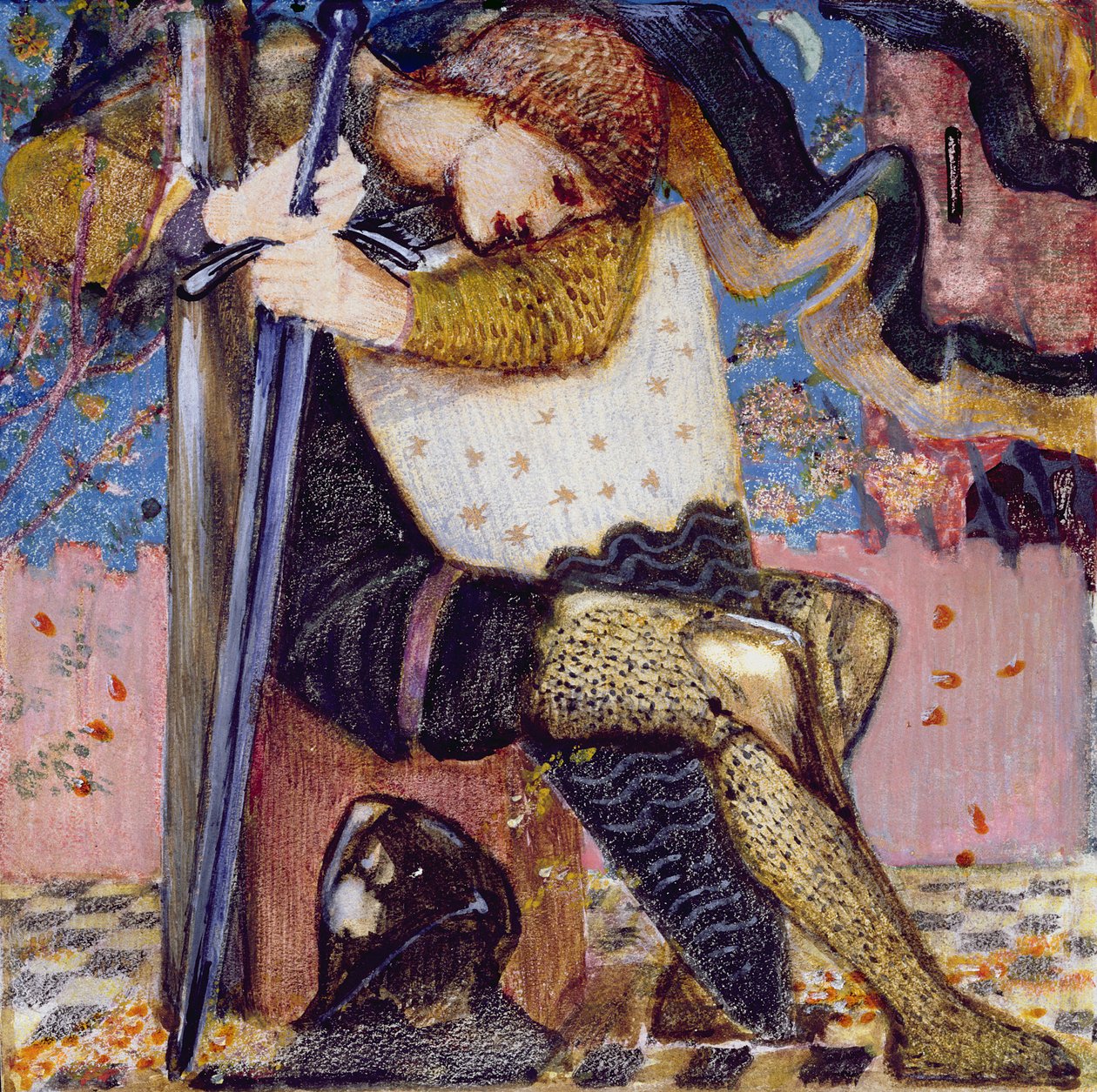 Arthur med Excalibur (gouache och guldfärg på veläng) av Edward Burne Jones