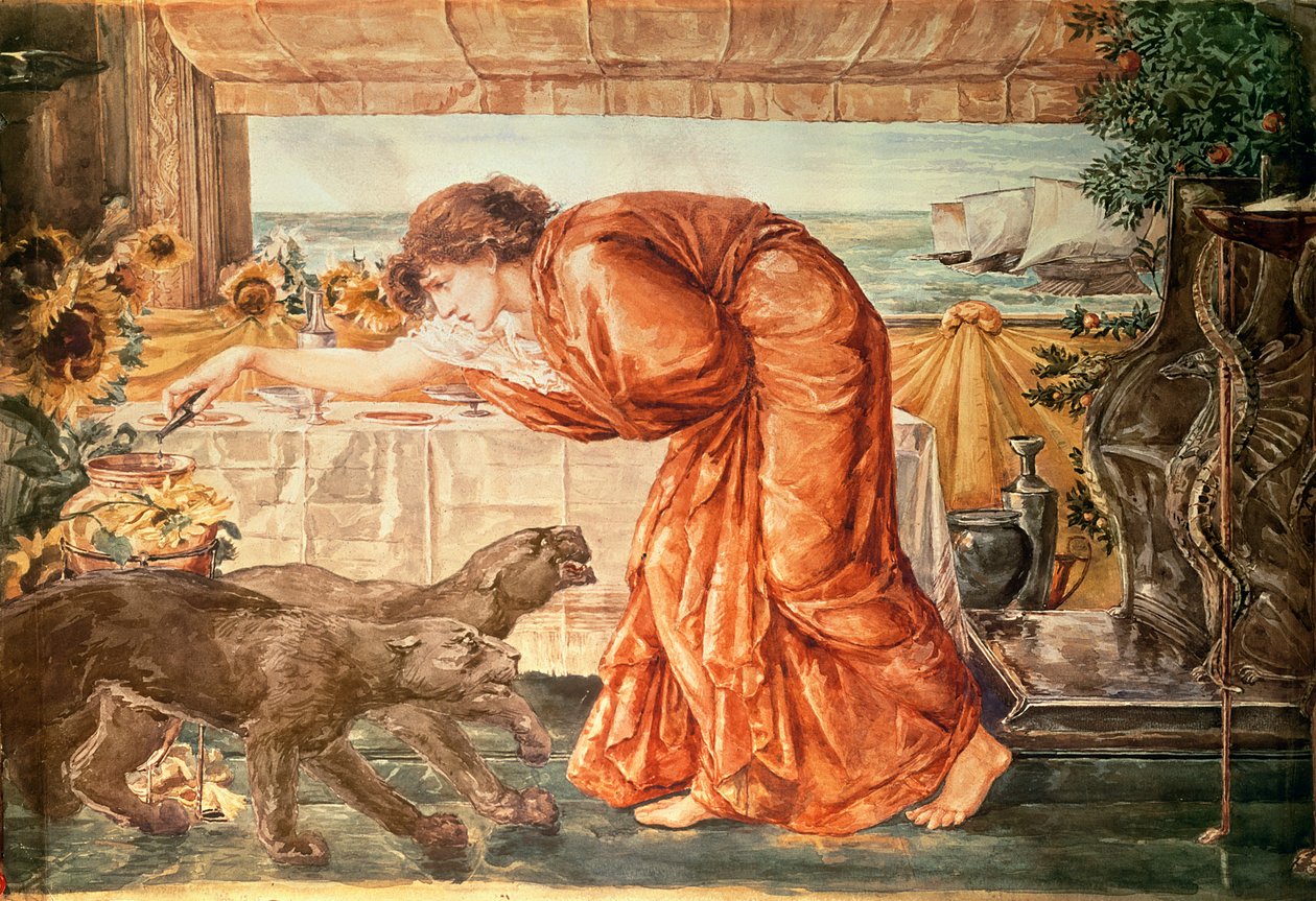 Circe häller gift i en vas och väntar på Ulysses ankomst, 1863-69 av Edward Burne Jones