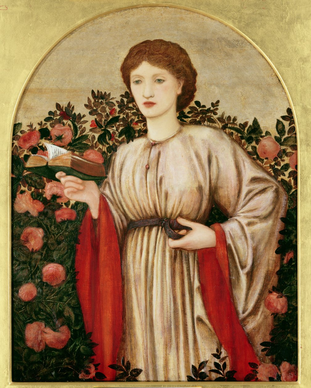 Flicka med bok med rosor bakom av Edward Burne Jones