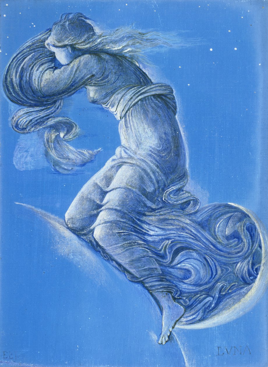 Luna (wc, kroppsfärg, penna och silverfärg på linne) av Edward Burne Jones