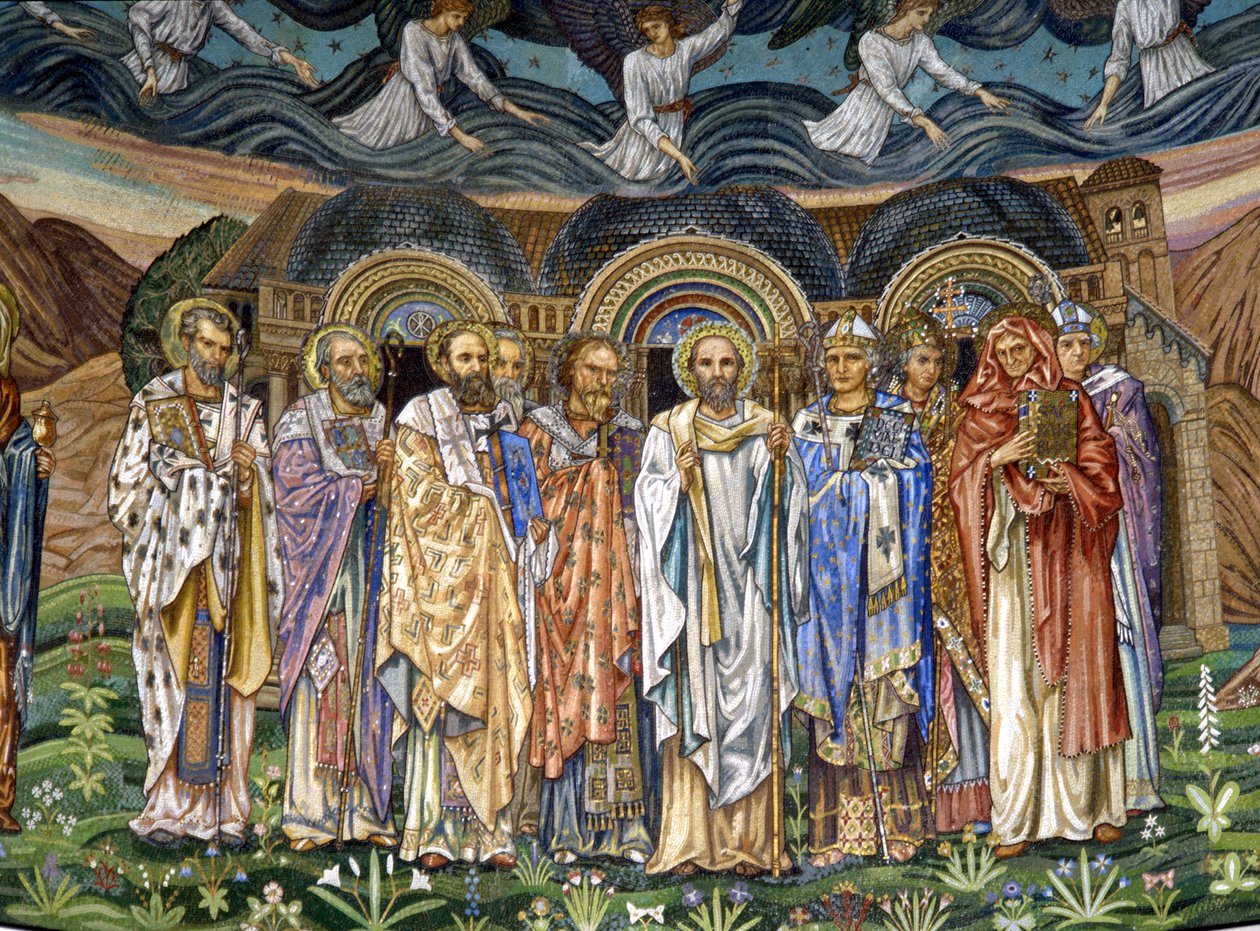 Östkyrkans fem fäder med västkyrkans fem fäder, 1880-90-tal (mosaik) av Edward Burne Jones