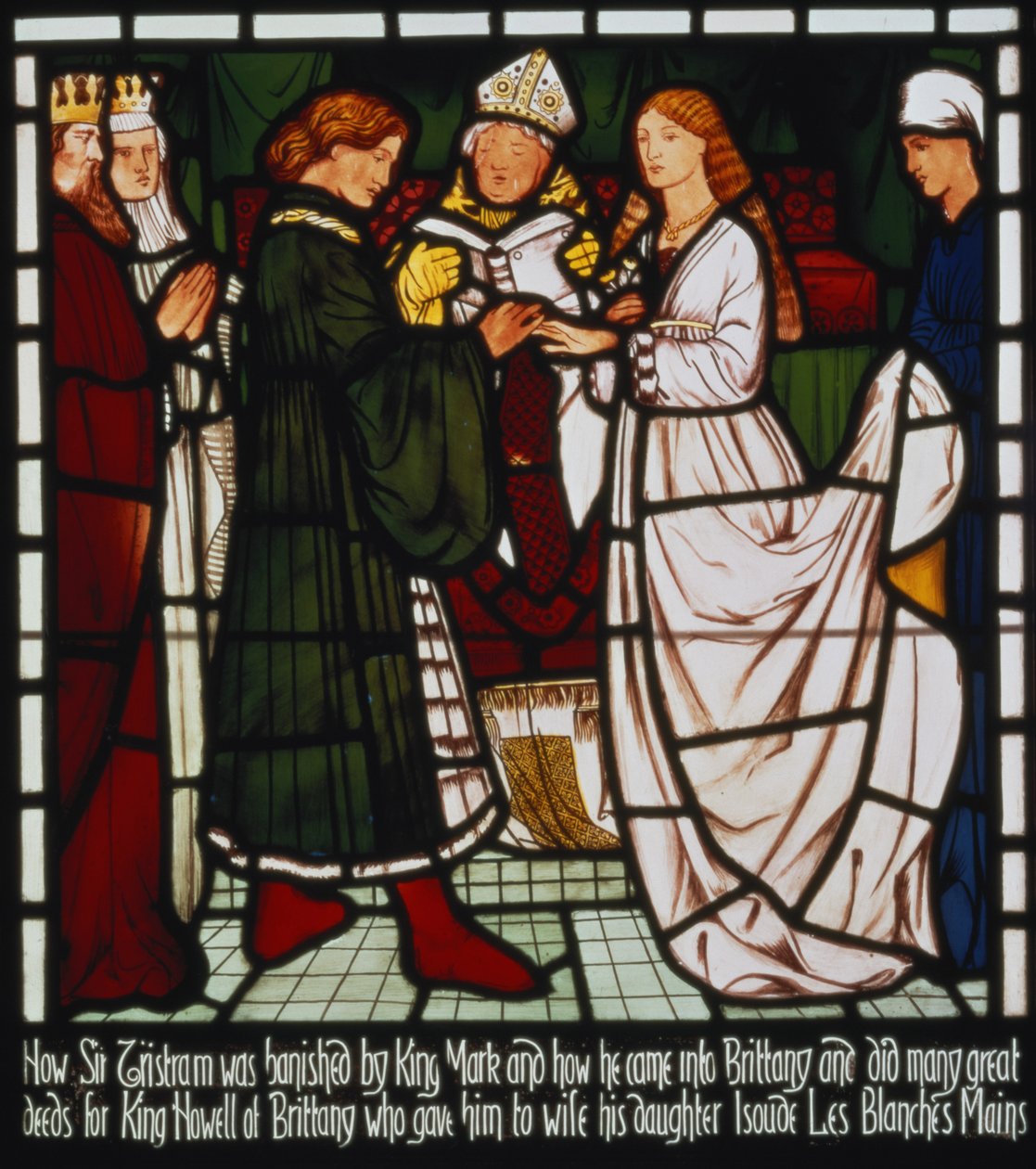 Bröllopet mellan Tristan och Isolde av de vita händerna, dotter till härskaren av Bretagne, från "Berättelsen om Tristan och Isolde", William Morris und Co. (målat glas) av Edward Burne Jones