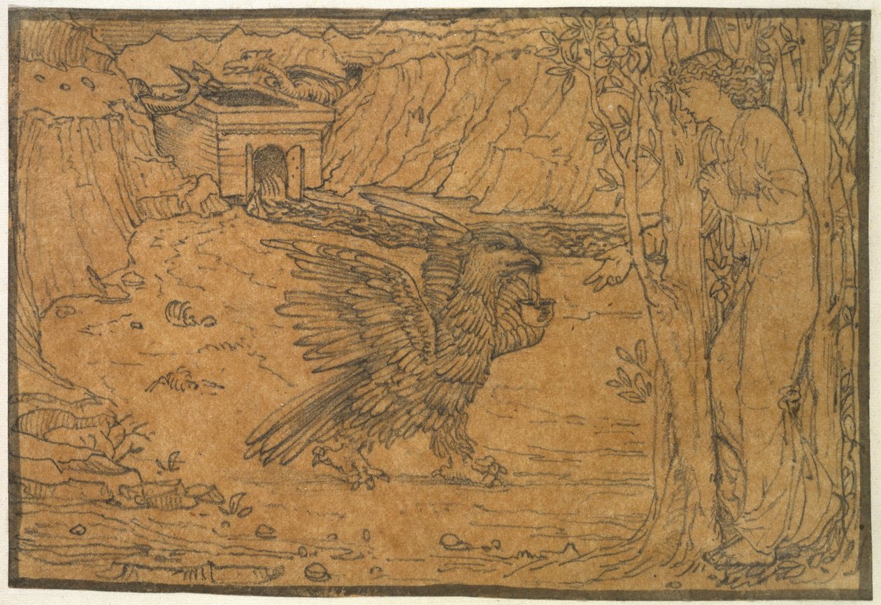 Historien om Amor och Psyke: Det svarta vattnet, ca 1864 - ca 1868 (grafit, med bläckkant, på kalkerpapper) av Edward Burne Jones