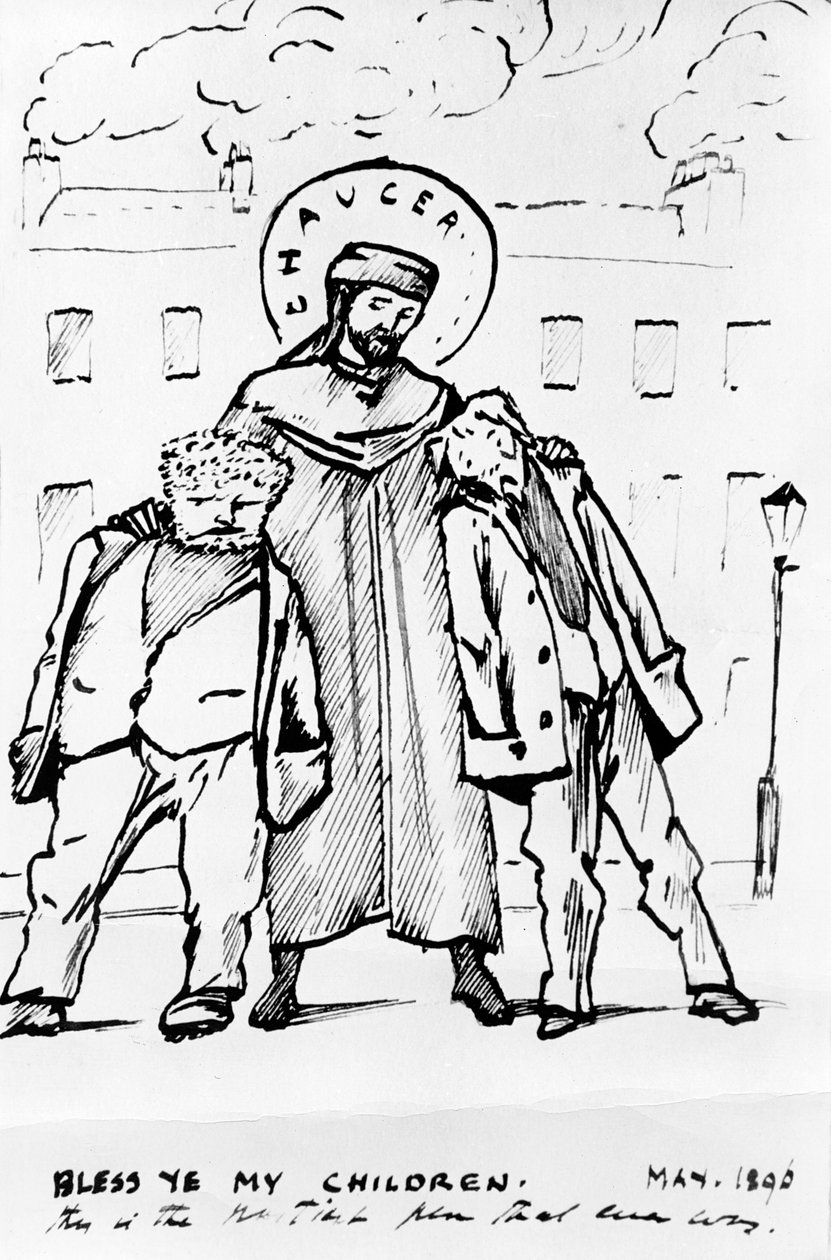 William Morris och Edward Burne-Jones välsignas av Chaucer, tecknad, 1896 (penna och bläck) (bw print) av Edward Burne Jones