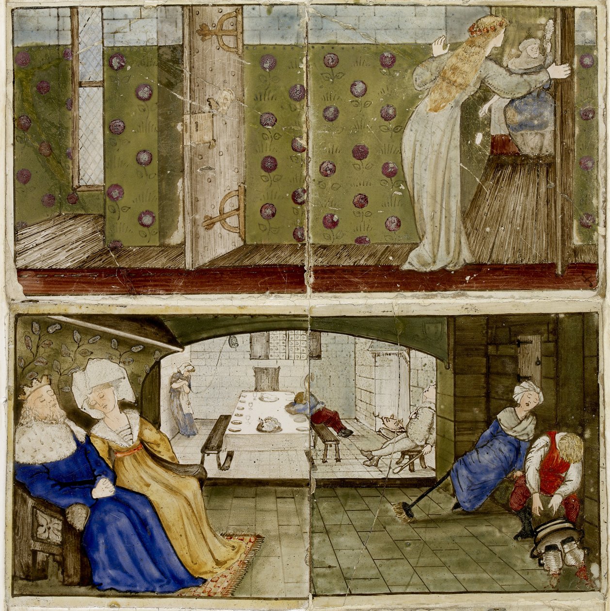 En uppsättning av sexton brickor arrangerade i par för att bilda åtta illustrationer av "Briar Rose", 1862 - 1865 (keramik) av Edward Burne Jones