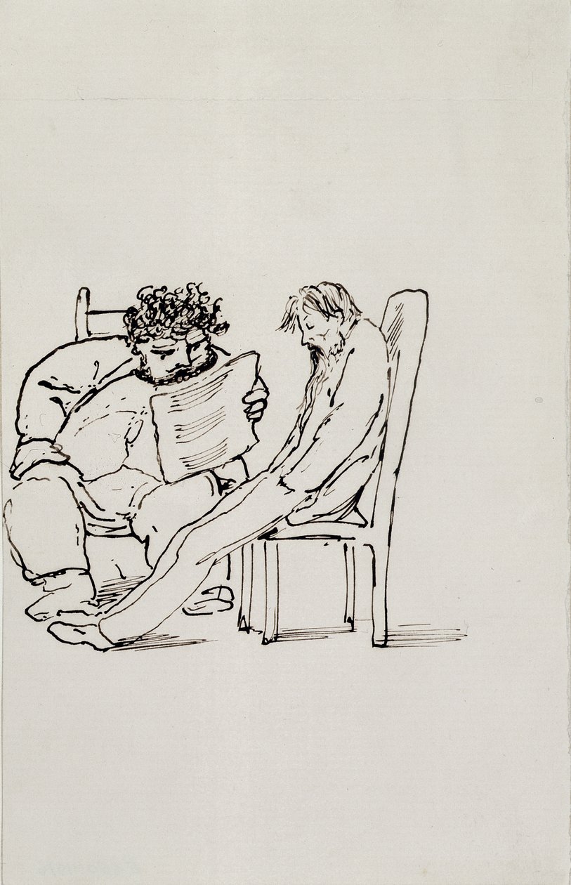 Tecknad film av William Morris (1834-96) som läser poesi för Edward Burne-Jones (1833-98) (penna och bläck på papper) av Edward Burne Jones