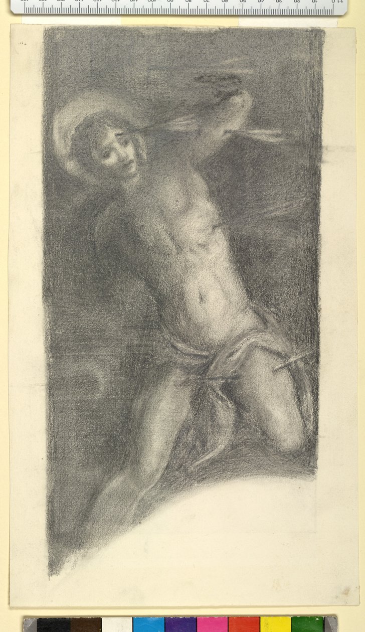 Studie av Tintorettos Saint Sebastian i Scuola Grande di San Rocco, 1859 eller 1862 (svart krita och grafit på vävt papper) av Edward Burne Jones