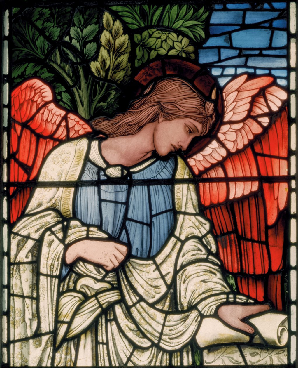 Birmingham, Acocks Green, St Mary The Virgin, Morris & Co., Edward Burne-Jones, John Henry Dearle (1859-1932), Ängel med rulla, detalj, 1895 av Edward Coley and Dearle Burne Jones