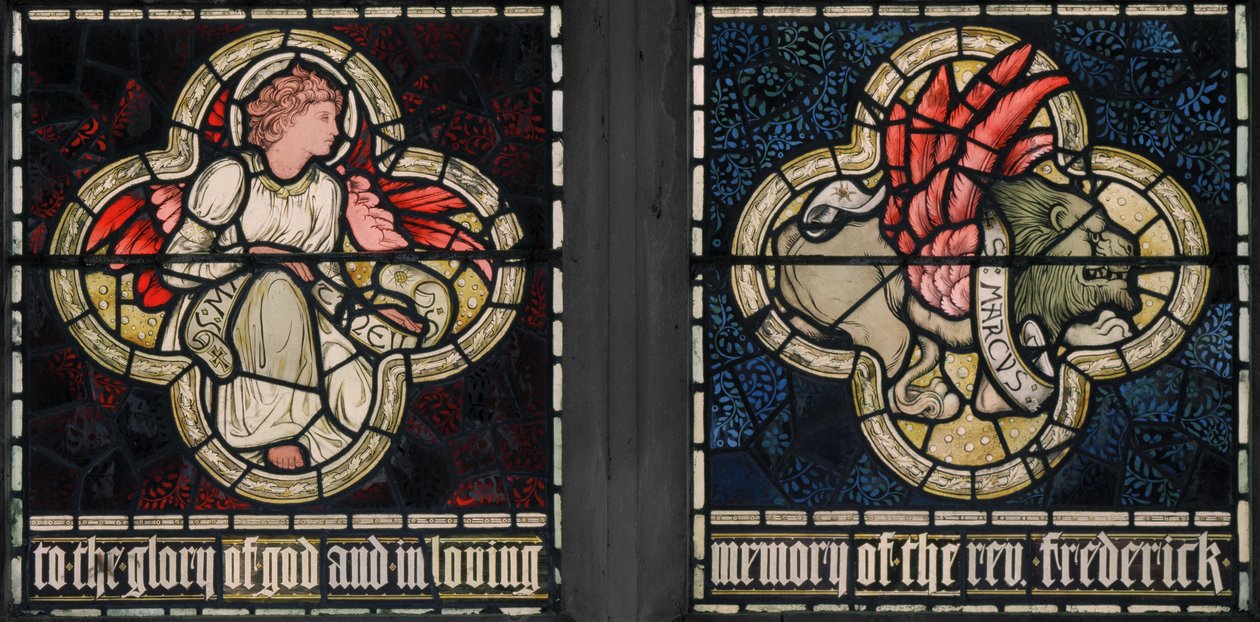 Birmingham, Acocks Green, St Mary The Virgin, Morris & Co., Edward Burne-Jones, John Henry Dearle (1859-1932), Symbols of The Evangelists, St Matthew & St Mark, 1895 av Edward Coley and Dearle Burne Jones