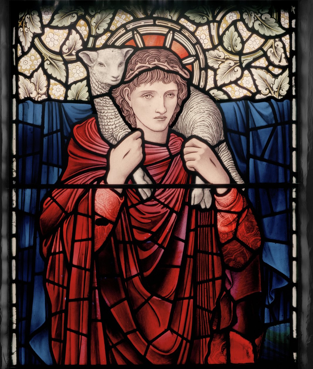 Birmingham, Ward End, St Margaret, Morris & Co., Edward Burne-Jones, John Henry Dearle (1859-1932), The Good Shepherd, detalj, 1902, Brampton Cumbria, Titcomb, Wren av Edward Coley and Dearle Burne Jones