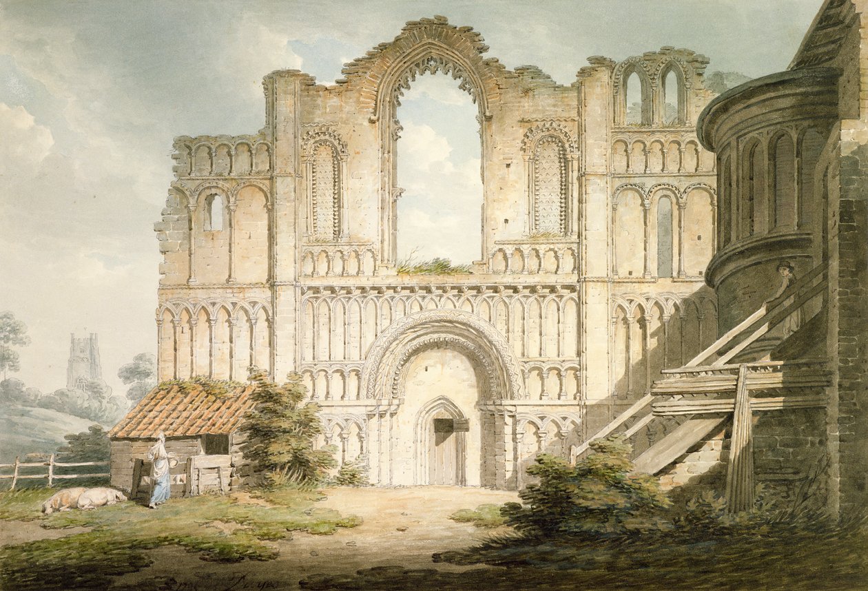 PD.56-1958 Västra fronten av Castle Acre Priory Church, nära Downham, Norfolk, 1796 (akvarell och penna på papper) av Edward Dayes