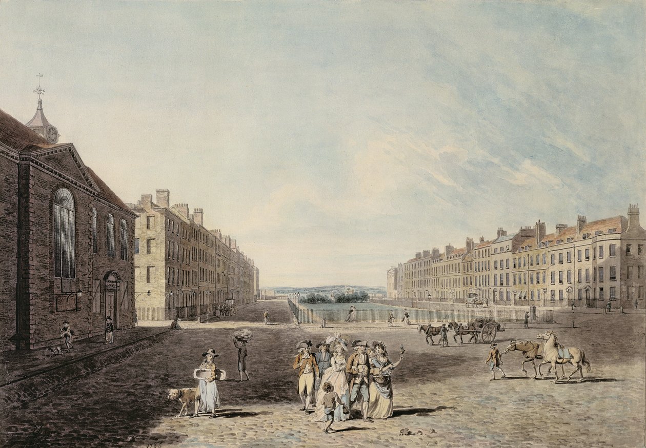 Queen Square, London, 1786 (wc och penna och bläck över grafit på vävt papper) av Edward Dayes