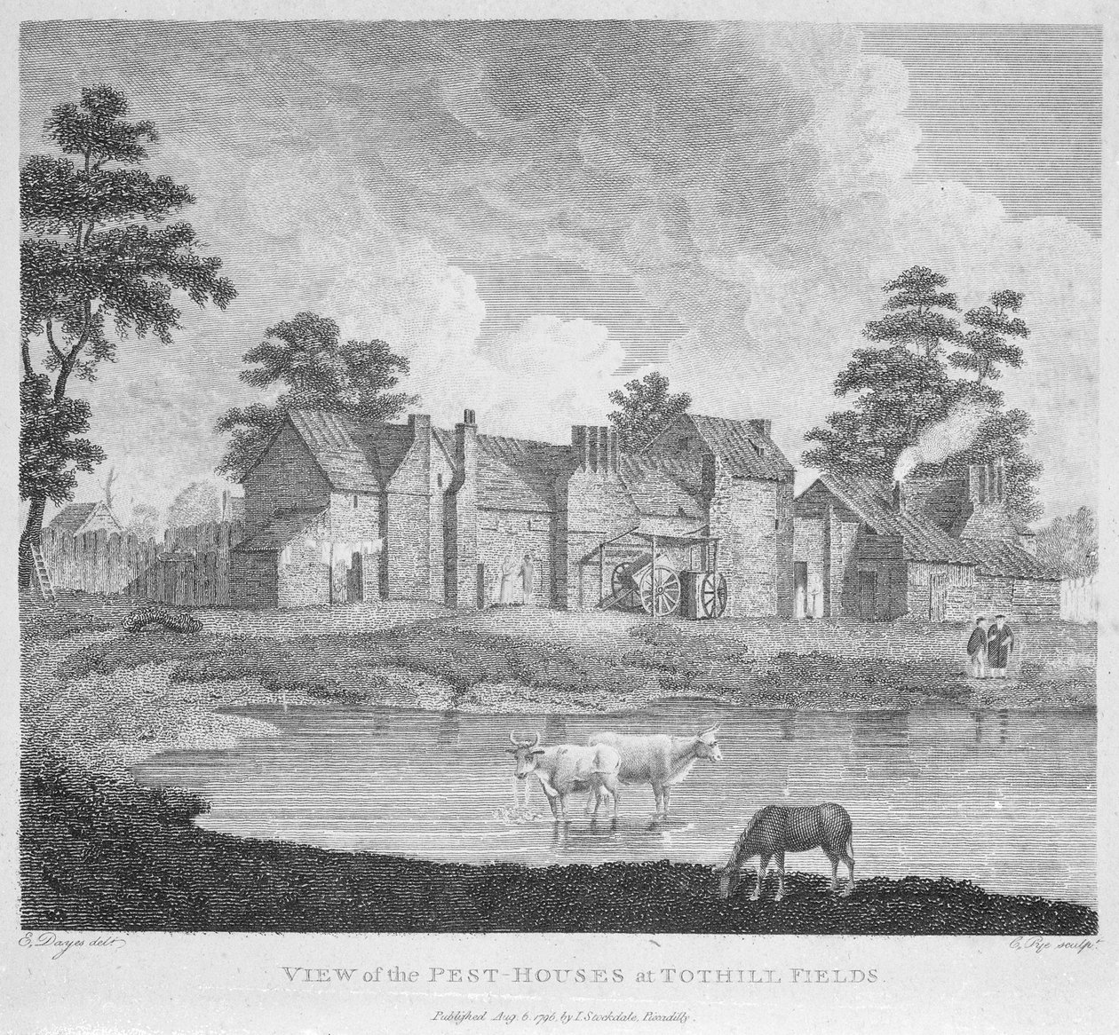 Vy över Pest-husen vid Tothill Fields graverad av Charles Pye, 1796 av Edward Dayes