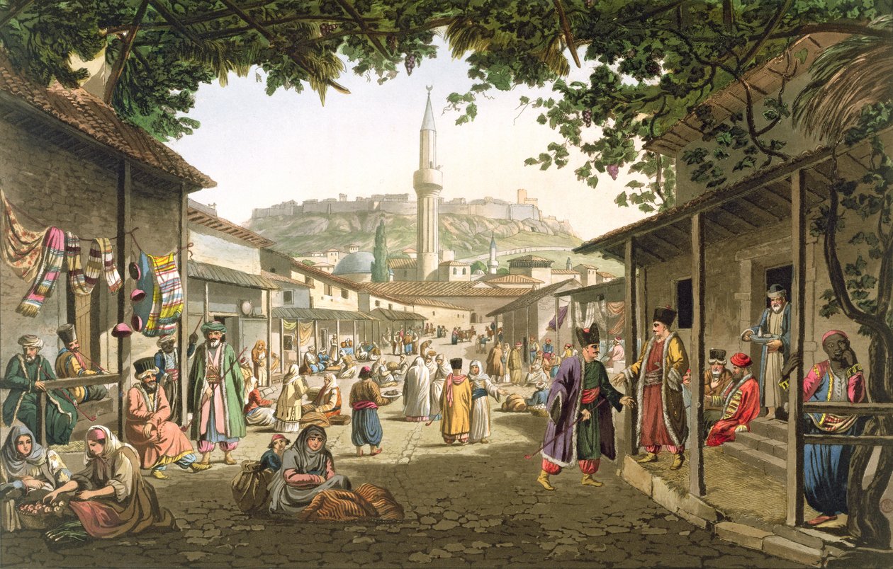 En basar i Aten, skylt 1 från del 1 av "Views in Greece", graverad av T. Fielding, pub. 1821 (akvatint) av Edward Dodwell