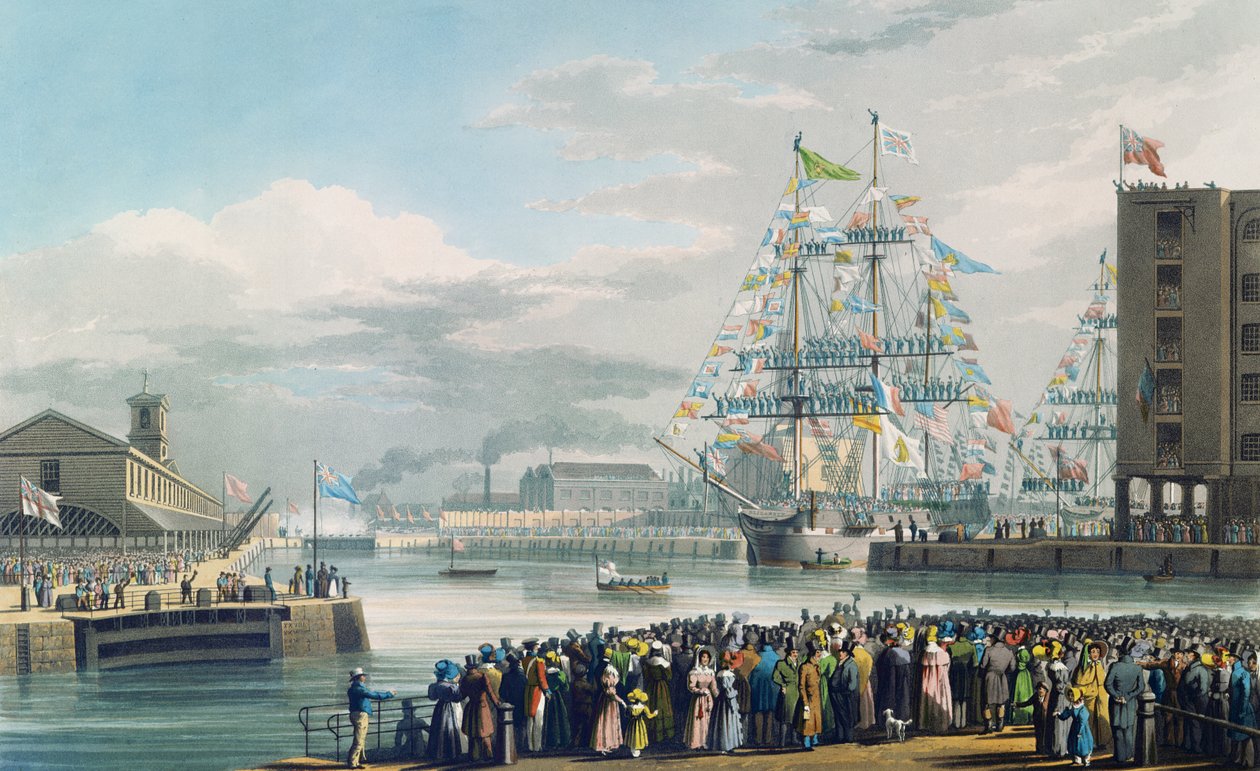 Invigningen av St. Katharine Docks, lördagen den 25 oktober 1828 (färgad gravyr) av Edward Duncan