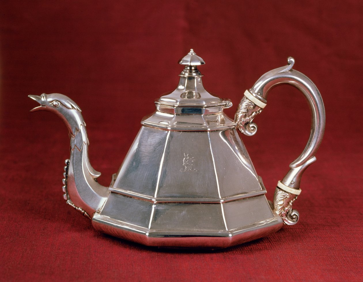 Tekanna, troligen baserad på ett holländskt exempel från början av 1700-talet, London 1832 (silver). av Edward Farrell