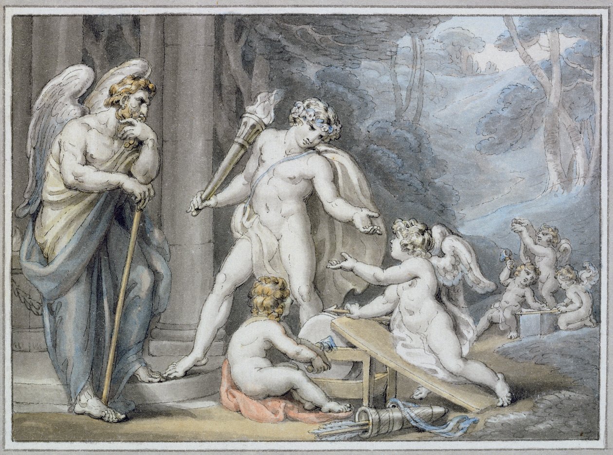Apollo i Vulcans smedja (penna och bläck med tvätt på papper) av Edward Francis Burney