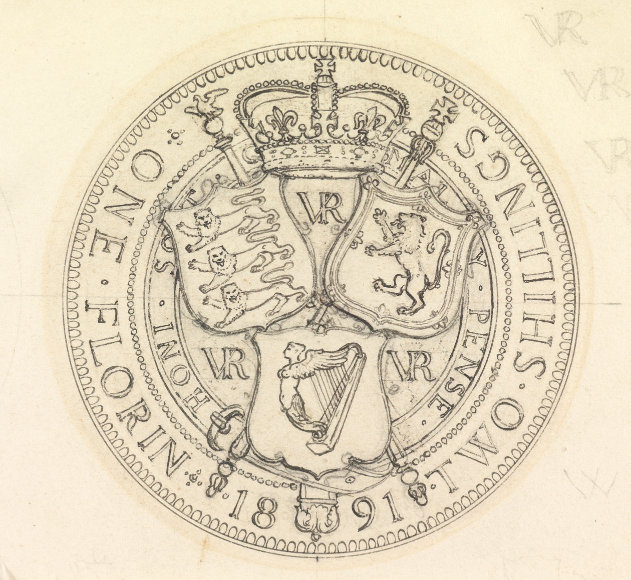 Två designskisser för Florin och Shilling, 1891 av Edward John Poynter