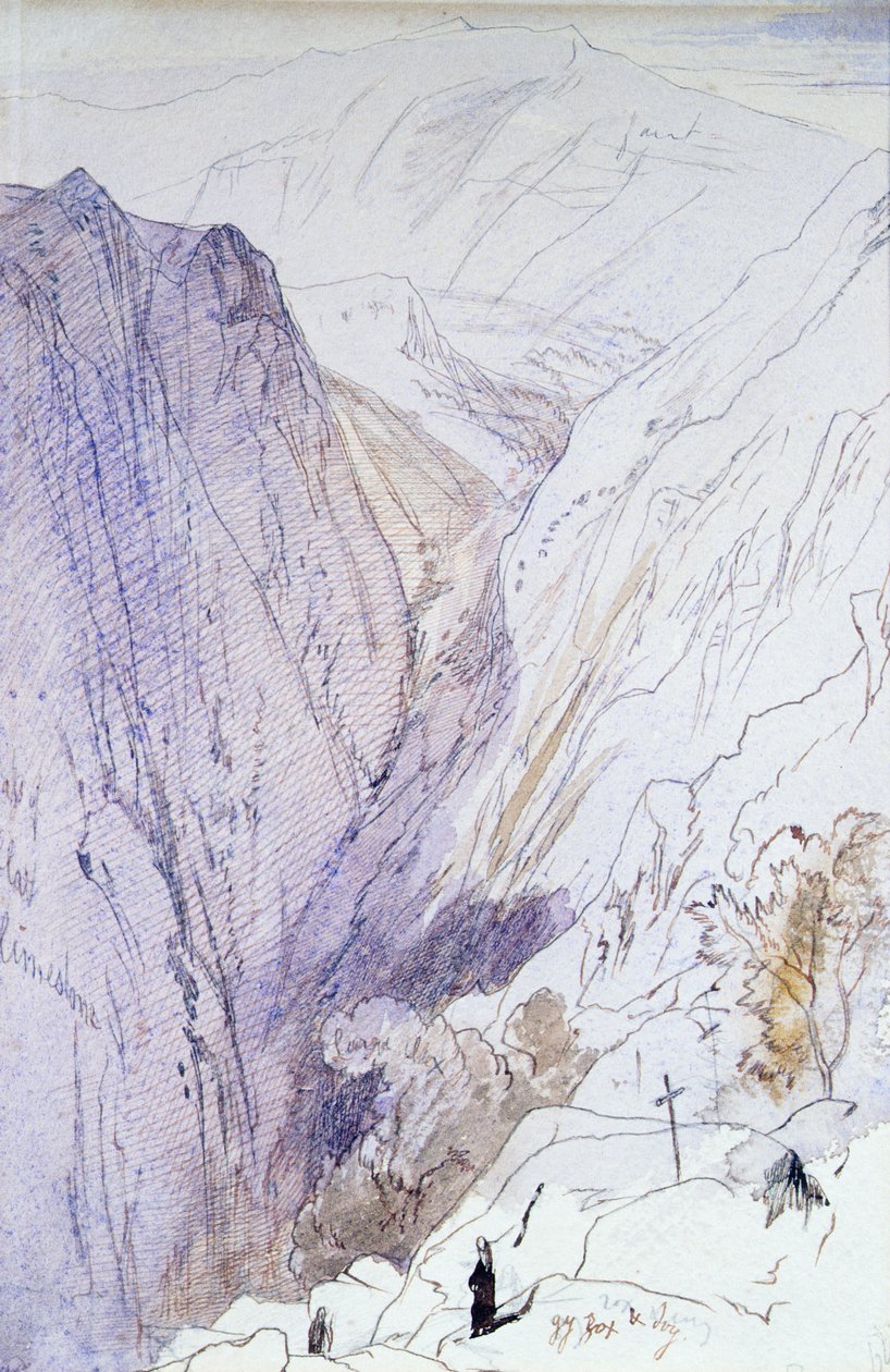 Athos med munkar i förgrunden, 1856 (penna och wc) av Edward Lear