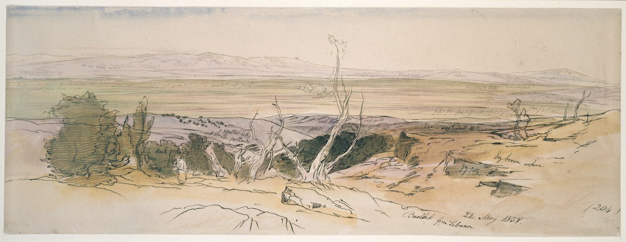 Baalbek från Libanon, 1858 (akvarell och penna och svart bläck med grafitindikeringar) av Edward Lear