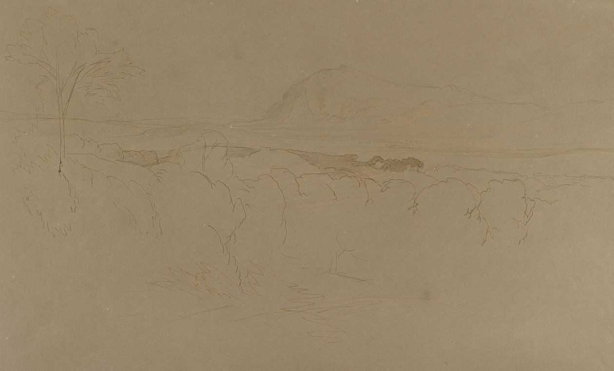 Kalabrien, 1847 (penna och brunt bläck över blyerts på mycket missfärgat buffpapper) av Edward Lear