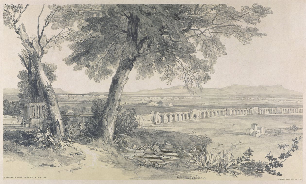 Campagna of Rome från Villa Mattei, från Views in Rome and its Envirs, 1841, (litho på kraftigt vävt papper) av Edward Lear