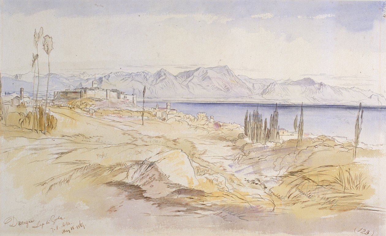 Desenzano, Gardasjön, 1867 (bläck och wc på vävt papper) av Edward Lear