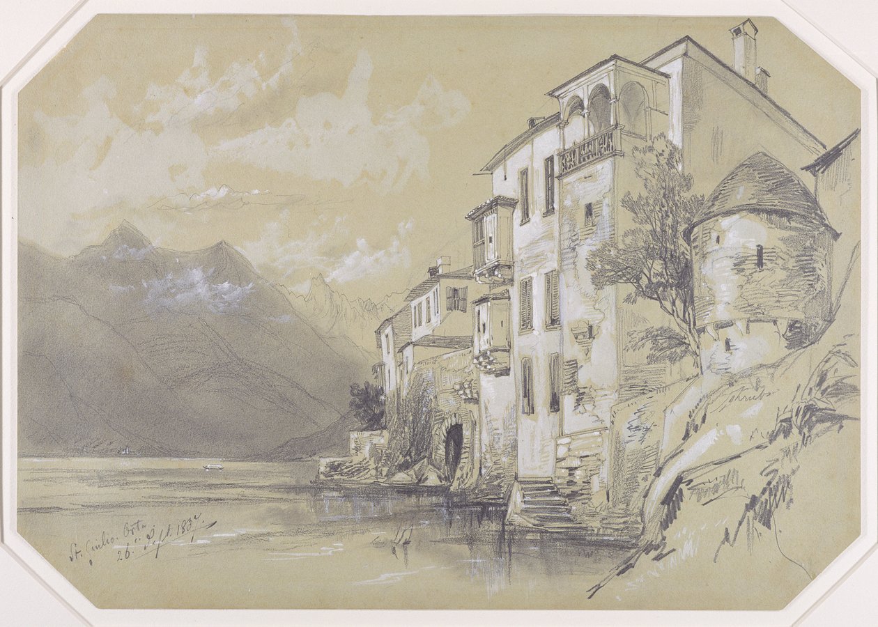 St. Giulio, Orta, 26 september 1837, 1837 (grafit med stubbe och vit gouache på brunt vävt papper) av Edward Lear