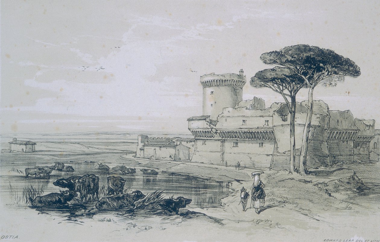 Utsikt i Rom och dess omgivningar: Slottet Ostia vid mynningen av Tibern av Edward Lear