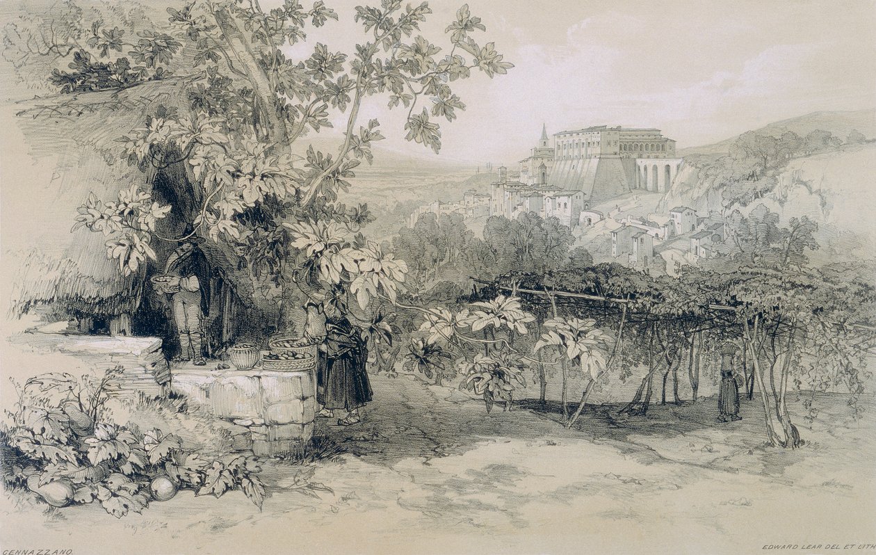 Utsikter i Rom och dess omgivningar: Gennazzano med staden och Colonna-palatset av Edward Lear