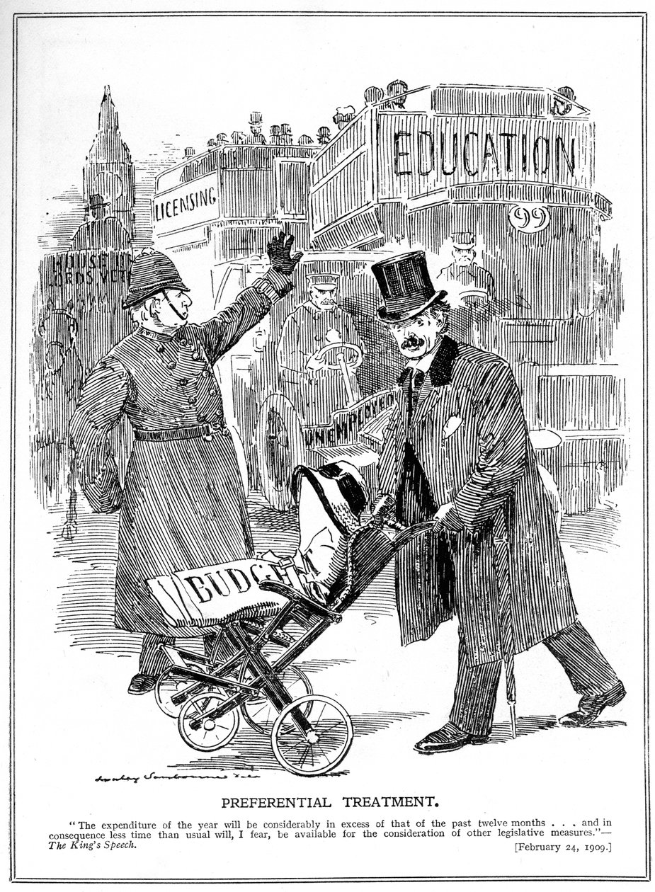 LLoyd George visar företräde för sitt "barn", budgeten, 1909 av Edward Linley Sambourne
