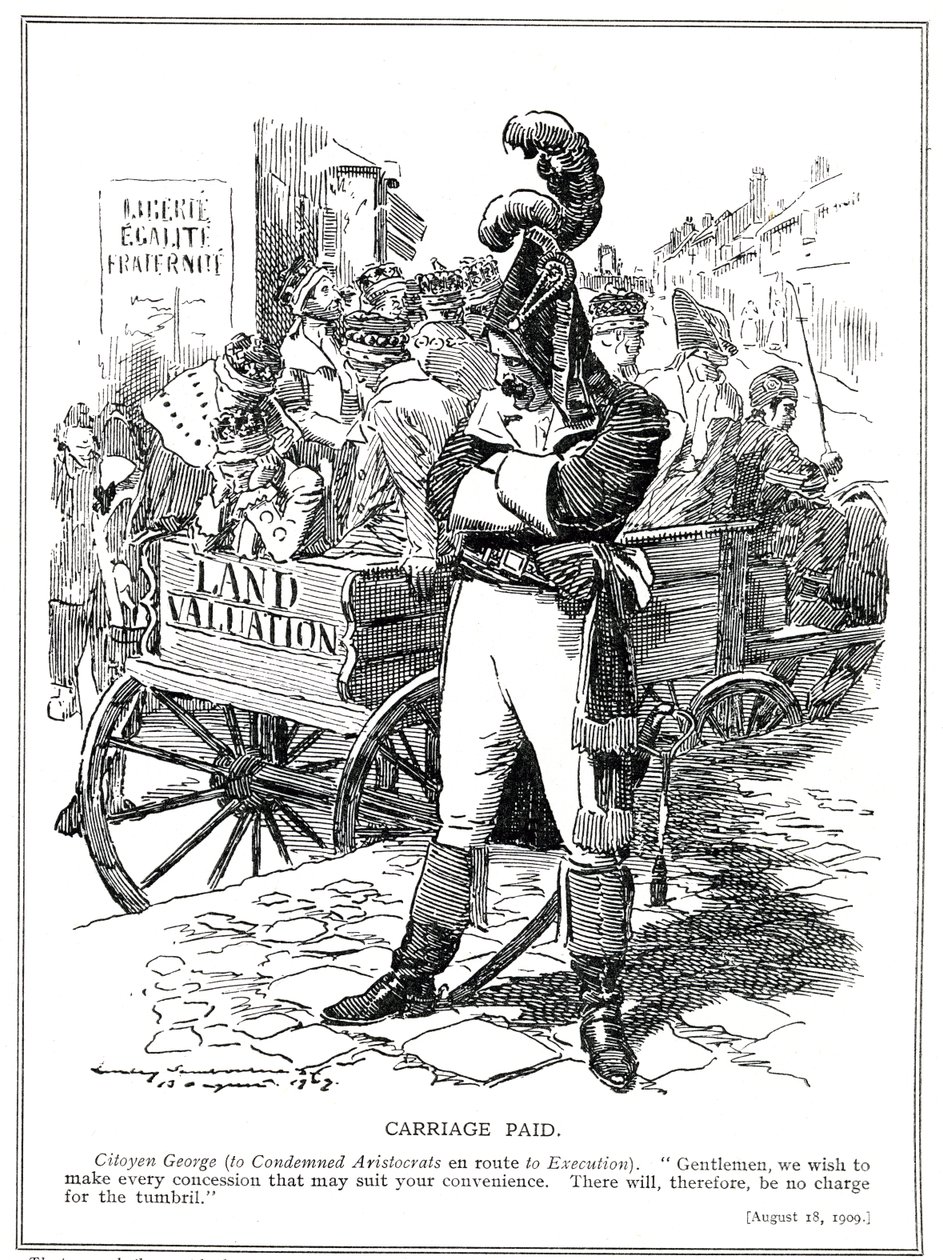 Lloyd George som "Citoyen George" lugnar aristokrater som dömts av hans "People