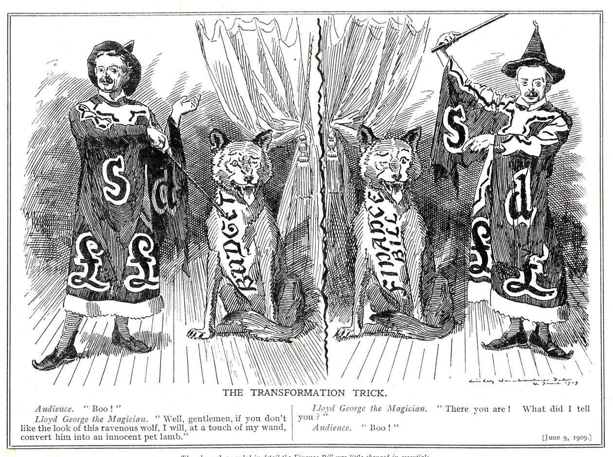Lloyd George, "trollkarlen" åstadkommer en magisk omvandling i budgetförslagen för "Folkets budget", 1909 av Edward Linley Sambourne