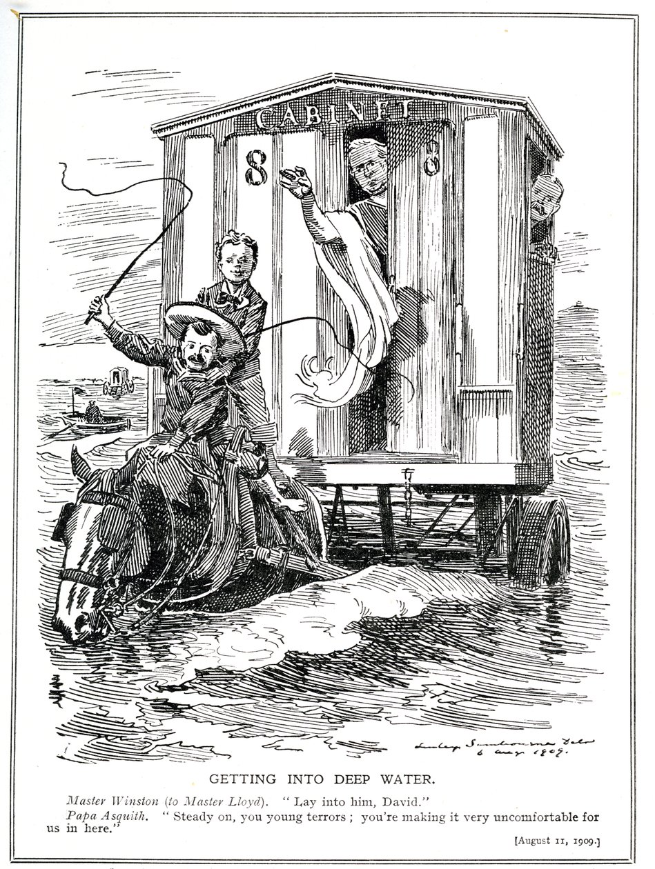 Premiärminister Asquith hindrar Lloyd George och Winston Churchill från att skapa oro med sina eldtal till stöd för att hjälpa arbetslösa och införandet av en minimilön, 1909 (lith av Edward Linley Sambourne