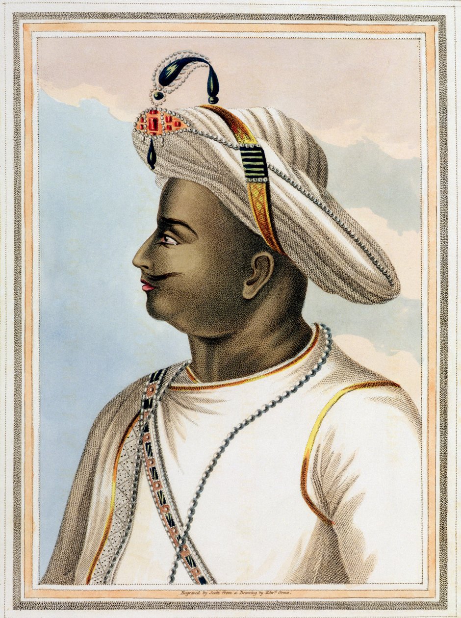 Tippoo Sultan (1749-99) tallrik från Picturesque Scenery in the Kingdom of Mysore, graverad av Edmund Scott (1758-1810) 1805 av Edward Orme