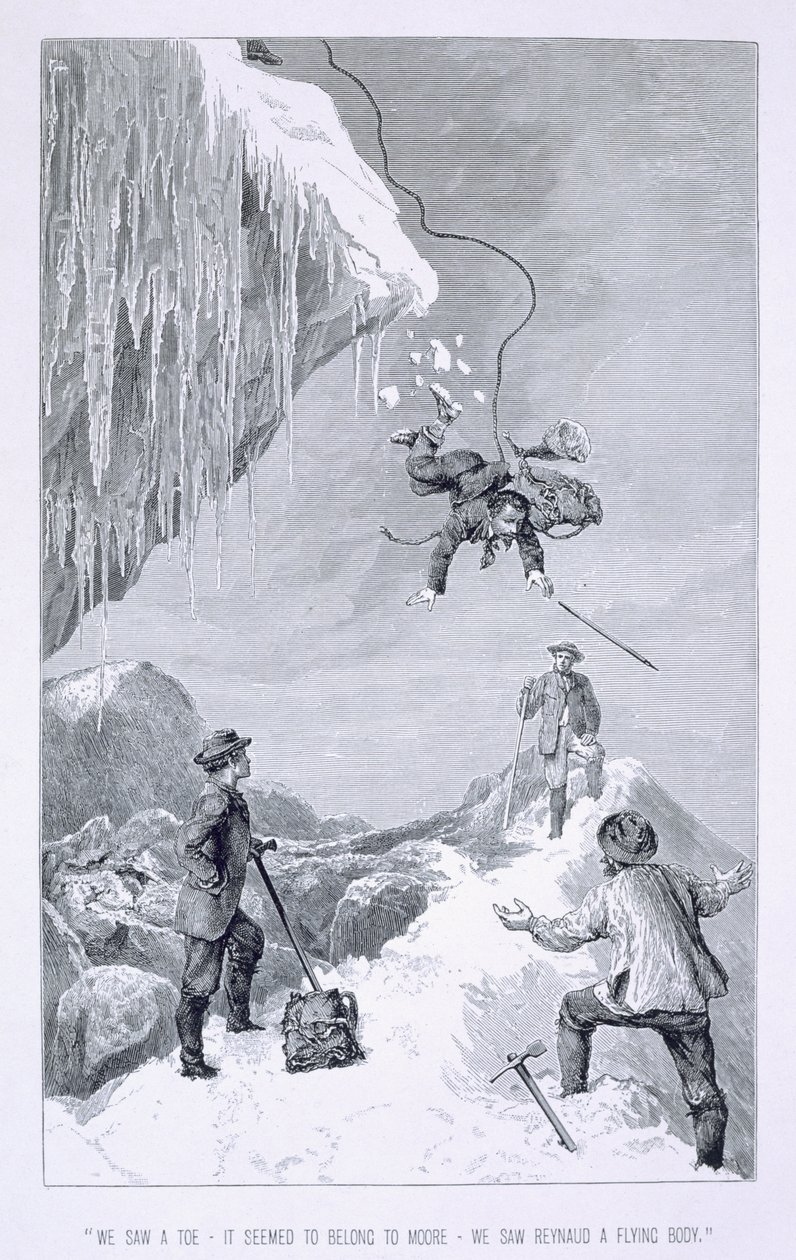 "Vi såg en tå - den verkade tillhöra Moore - vi såg Reynaud en flygande kropp", ur "The Ascent of the Matterhorn" av Edward Whymper, publicerad på 1860-80-talet. av Edward Whymper