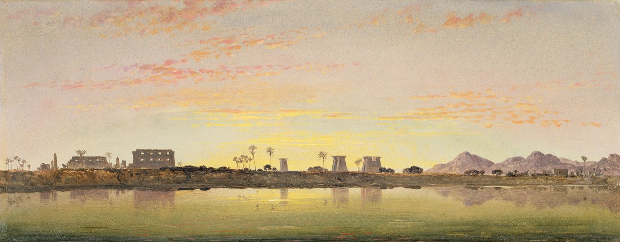 Pyloner ved Karnak, Theban-bjergene i det fjerne (olie på papir om bord) sved av Edward William Cooke