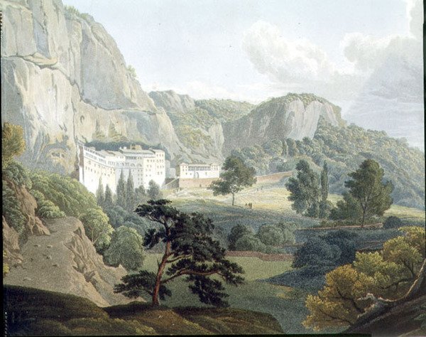 Klostret Megaspelia, plåt 8 från del 2 av "Utsikter i Grekland", graverad av Robert Havell av Edward (after) Dodwell