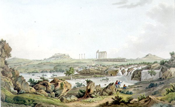 Jupiter Olympios-templet och floden Ilissos, skylt 30 från del 5 av "Views in Greece", graverad av Thomas Medland av Edward (after) Dodwell