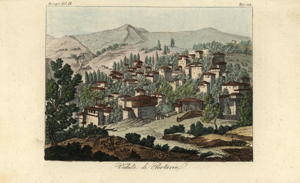 Vy över byn Portaria, Thessalien, Grekland av Edward (after) Dodwell
