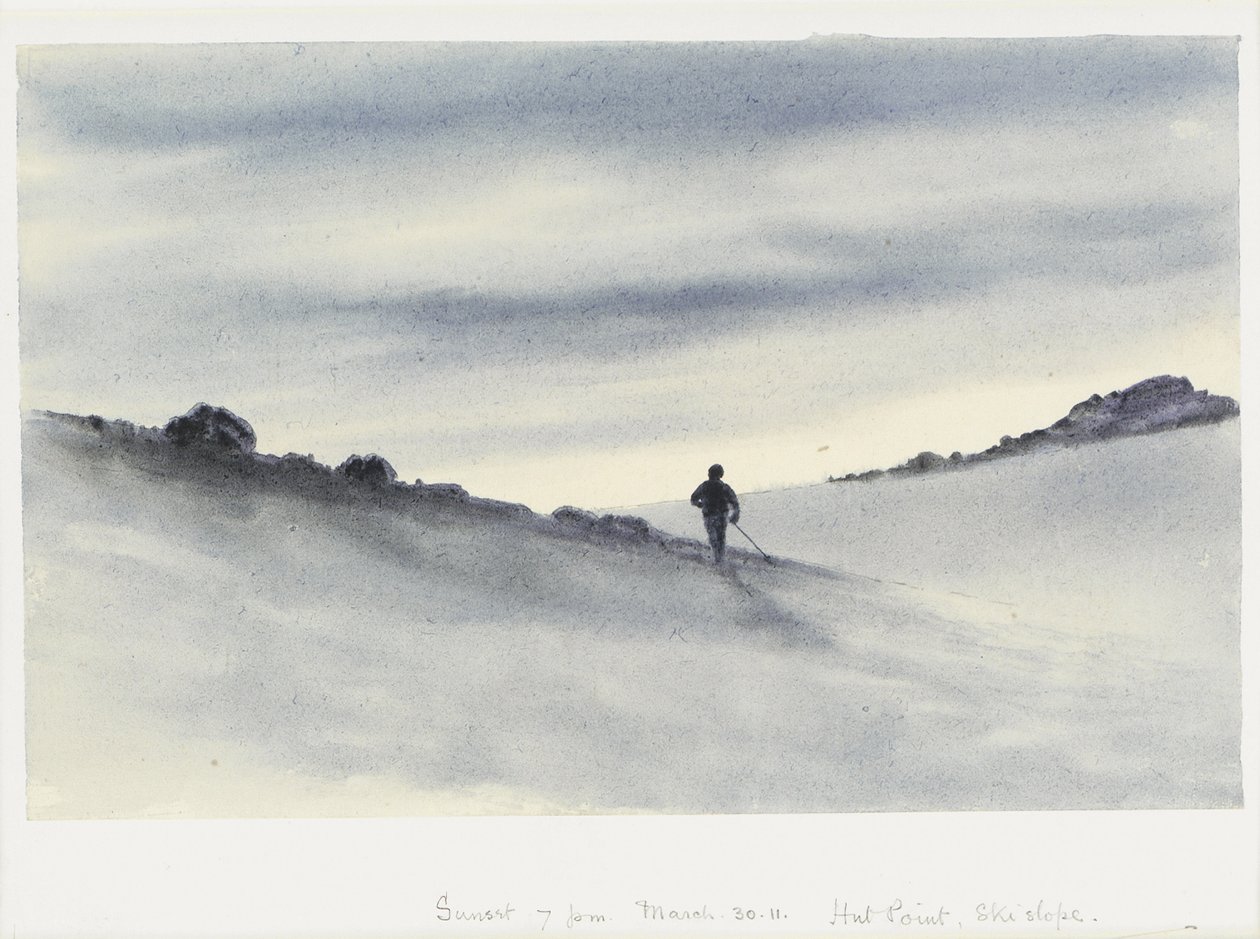 Solnedgång, 19.00, 30.11 mars, Hut Point, Skidbacke, 1911 av Edward Adrian Wilson