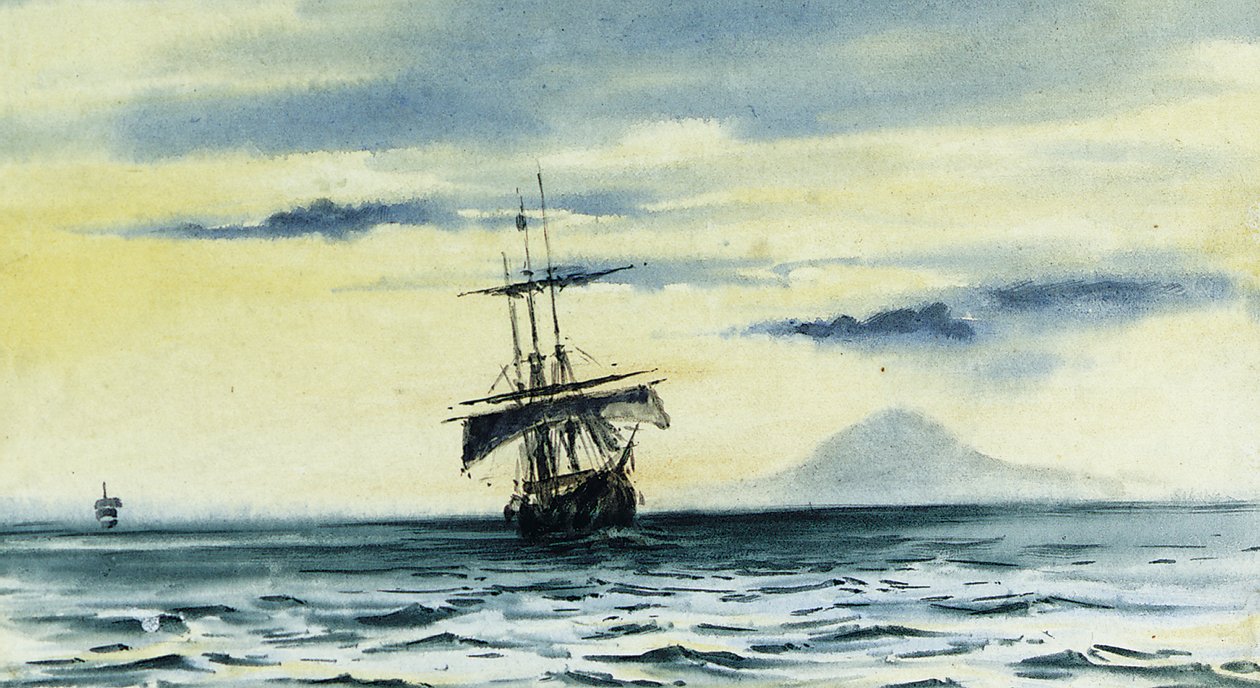 Den sista synen av Mount Discovery: SS. "Morning" och "Terra Nova" efter "Discovery" från McMurdo Strait, 19 februari midnatt 1904 av Edward Adrian Wilson