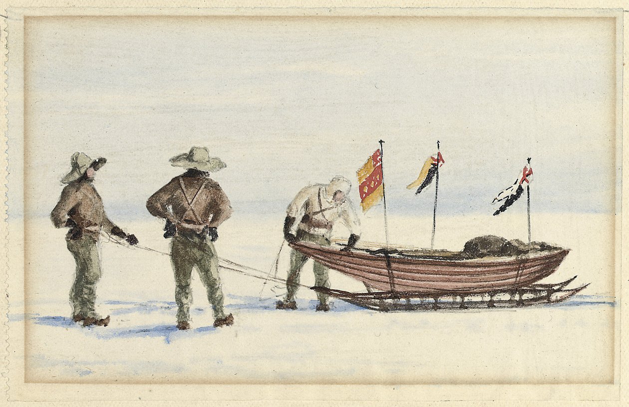 Slädepartiet till White Island, februari 1902: Shackleton, Wilson och Ferrar förbereder sig för att ge sig ut, 1902 av Edward Adrian Wilson