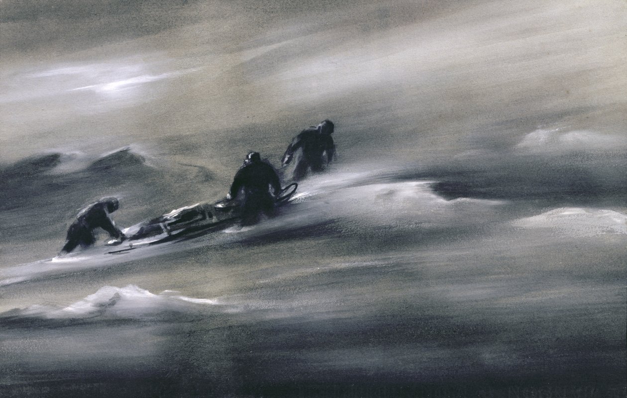 Tre män med en släde i snön, 1910-12 av Edward Adrian Wilson