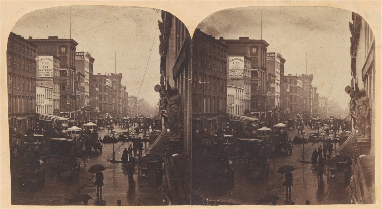 Broadway in the Rain, troligen hämtad från 308 eller 310 Broadway, New York City, ca. 1860-talet. av Edward Anthony