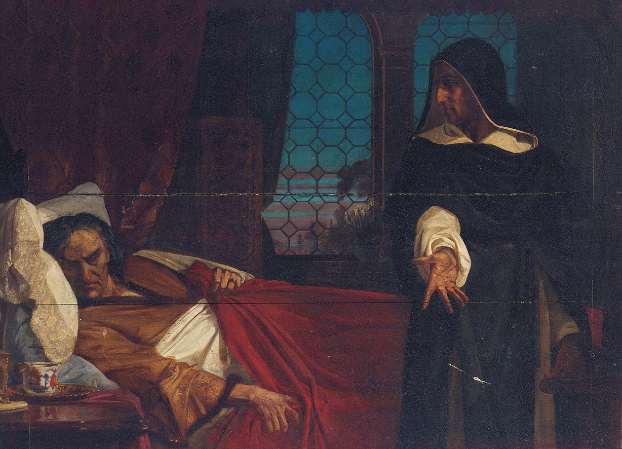 En klädd figur framför sängen av en ångestladdad man av Edward Armitage